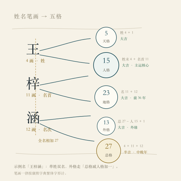 王梓涵的五格结构:天格5、人格15、地格23、外格13、总格27